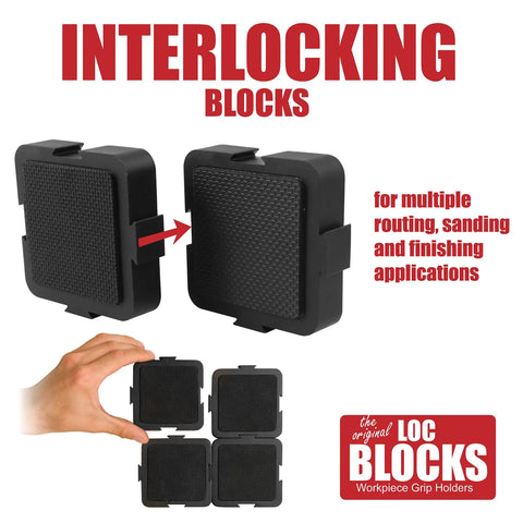 Heavy Duty Woodworking Project Blocks For Hands Free Routing Sanding Drilling Slick Grip Stabilization Pucks interlocking design with textured rubber grip.