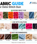 Fabric guide for Delsi Stitch Gun showing suitable and unsuitable fabric types for tagging machine use.