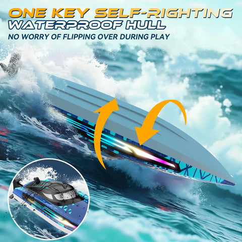 Fast Remote Control Boat For Kids And Grownups With 25kmh Speed, 7 LED Light Modes, showing self-righting design and waterproof hull.
