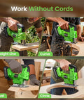 Straight Up Compact Cordless Jigsaw Kit With Dual 2.0Ah Batteries Rapid Fire Charging cutting straight, curved, and circular shapes in wood.