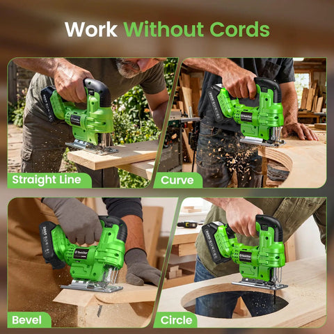 Straight Up Compact Cordless Jigsaw Kit With Dual 2.0Ah Batteries Rapid Fire Charging cutting straight, curved, and circular shapes in wood.