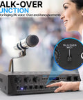Person using Beefy 600W 6 Channel Home Audio Amplifier For PA And Karaoke With Mic Talkover feature displayed