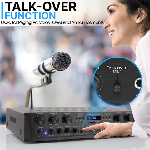 Person using Beefy 600W 6 Channel Home Audio Amplifier For PA And Karaoke With Mic Talkover feature displayed