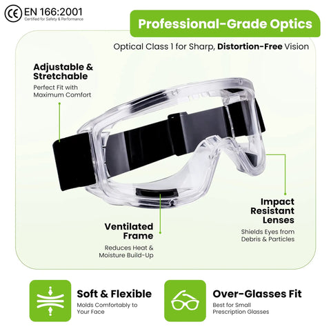 Clear adjustable safety goggles with ventilated frame and impact-resistant lenses, featuring over-glasses fit, EN 166:2001 certified.