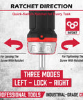 Quarter Inch Magnetic Ratcheting Screwdriver With Durable Bit Holder And No Slip Cushion Grip showing ratchet mechanism and modes