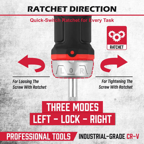 Quarter Inch Magnetic Ratcheting Screwdriver With Durable Bit Holder And No Slip Cushion Grip showing ratchet mechanism and modes
