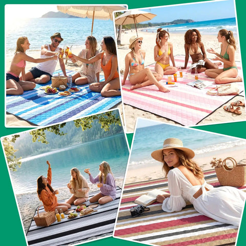 Group enjoying Waterproof Beach Blanket For Picnics And Camping Extra Large Sandproof Outdoor Rug Portable XL Big Towel at the beach.