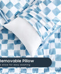 All In One Toddler Nap Mat With Pillow And Minky Fleece Blanket, Blue White Gingham Grid Checkered Design, removable pillow