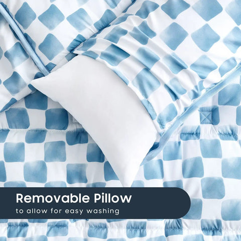 All In One Toddler Nap Mat With Pillow And Minky Fleece Blanket, Blue White Gingham Grid Checkered Design, removable pillow