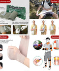 First aid kit components collage in red: emergency bandage, triangular bandage, elastic bandage, aluminum splint.