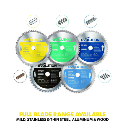 Five saw blades including Stainless Steel Cutting Saw Blade 9 Inch 60 Tooth Carbide Tipped For Low RPM Saws with color-coded labels.