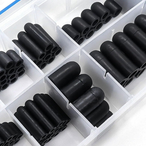 Rubber Vacuum Cap Set 120 Piece Assortment in 10 Sizes For Tubes From One Eighth Inch To One Half Inch OD, automotive carb line hose caps kit for carburetor manifold, durable nitrile rubber caps with high temp resistance in storage case.
