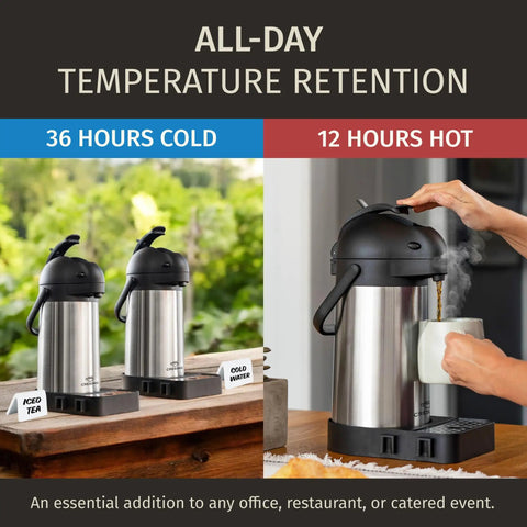 Big Batch Coffee Carafe With Pump And Drip Tray 74oz 2.2L Thermal Airpot for hot liquids showing 36 hours cold and 12 hours hot use.