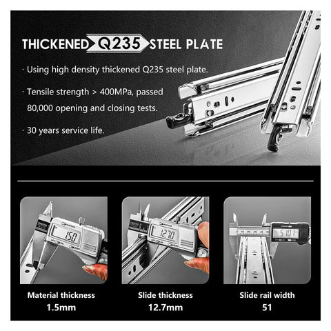 Rugged 12 Inch Full Extension Drawer Slides With Locking Mechanism 150 Lb Capacity Side Mount Ball Bearing Rails Smooth Roll For Tool Boxes Cabinets And Rv Durable Steel Side Track Set Of Two Pieces, showing thickness measurements.