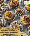 Heavy Duty Disposable Aluminum Ramekin Cups 2 Oz Silver Mini Bakeware filled with desserts, topped with chocolate drizzles and candies.