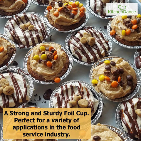 Heavy Duty Disposable Aluminum Ramekin Cups 2 Oz Silver Mini Bakeware filled with desserts, topped with chocolate drizzles and candies.