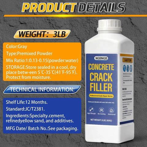 Heavy Duty Concrete Crack Filler Kit 3Lb Gray For Driveways Walkways And Patios DIY Mortar Repair With Quartz Sand Includes Scraper Brush And Gloves All In One - 3lb premixed powder bottle with product details.