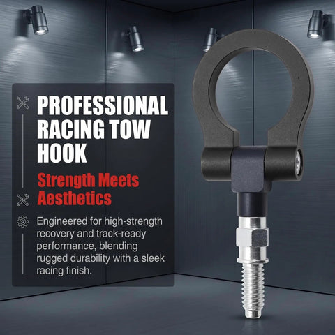 Straight Up Tough Car Front Bumper Tow Hook and Racing Style Screw On Trailer Pull Ring Heavy Duty Alloy Foldable D Ring For Universal European Thread Rigs Black, showcasing sleek design and durable material.
