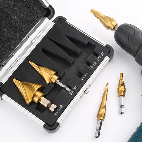 Top Shelf Five Piece Titanium HSS Step Drill Bit Set With Spiral Dual Flute Design And 118 Degree Split Tip For Quick Self Centering Metal Work That Cruises Through Mild Steel Without Walking Or Chip Jamming On Your Weekend Grind
