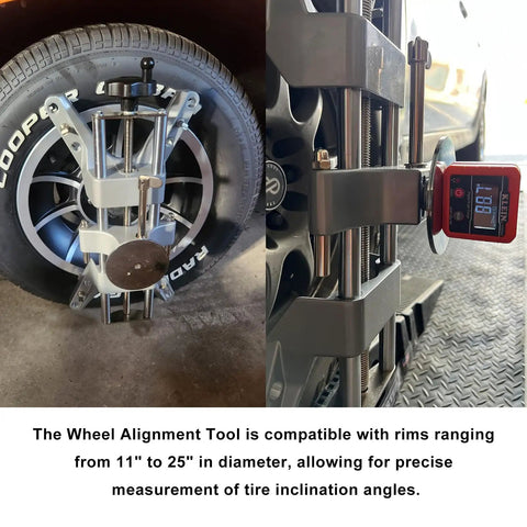 Pro Shop Grade Wheel Alignment Tool Kit With Magnetic Camber Gauge And Universal Adapter Plate compatible with 11 to 25 inch rims.