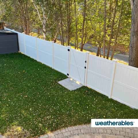 Heavy Duty Double Gate Hardware Kit For Outdoor Vinyl Fences featuring a white double gate on a green lawn.