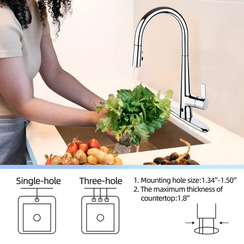 Touchless Kitchen Faucet With Pull Down Sprayer And Motion Sensor Hands Free Tap High Arc Chrome Finish in use with vegetables