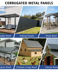 Collage of wide corrugated metal panels for roofing on gazebo, shed, carport, chicken coop, and house in galvanized grey.