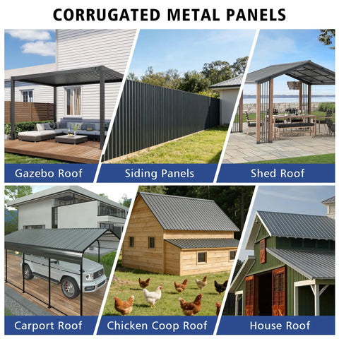 Collage of wide corrugated metal panels for roofing on gazebo, shed, carport, chicken coop, and house in galvanized grey.