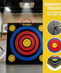 High Density XPE Foam Archery Target 20 Inch Square with colorful scoring rings in an indoor range setting.