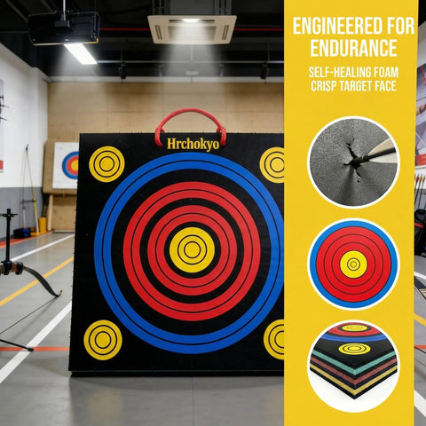 High Density XPE Foam Archery Target 20 Inch Square with colorful scoring rings in an indoor range setting.