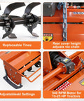 Close-up of Beastly Three Point Rotary Tiller features, including replaceable L-shaped blades and 540 RPM motor for tractors.