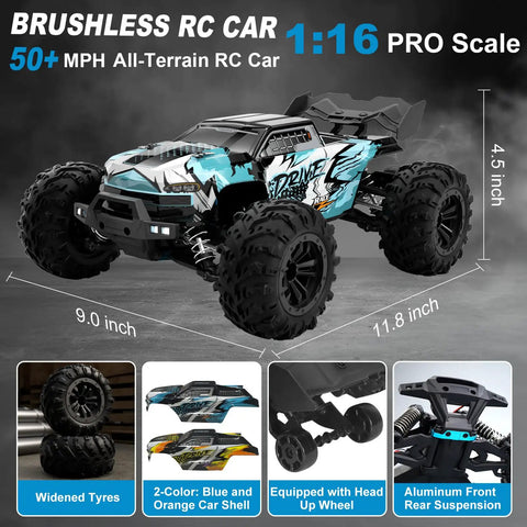1:16 Scale Brushless RC Car With 50 Plus MPH Speed All Terrain Off Road Monster Truck for Adults and Teens 14 Plus