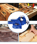 Rock Solid 5 Inch Tabletop Bench Vise With 360 Degree Swivel Base Locking Jaws And Double Lock Down Bolts, blue, crafting use