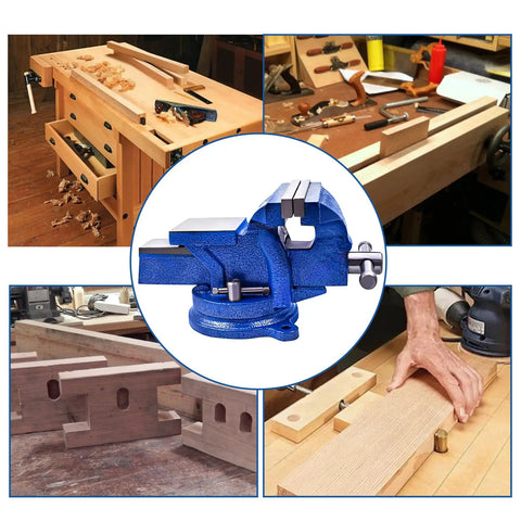 Rock Solid 5 Inch Tabletop Bench Vise With 360 Degree Swivel Base Locking Jaws And Double Lock Down Bolts, blue, crafting use