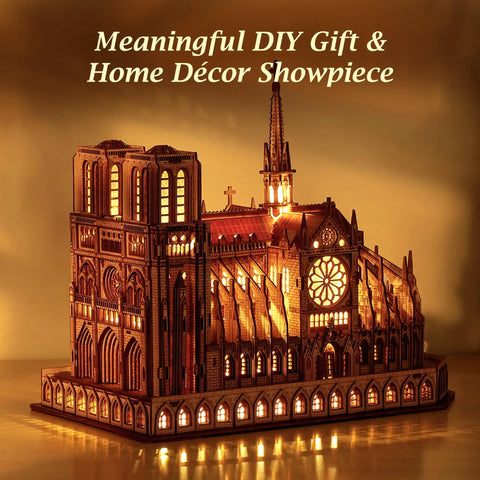 Notre Dame De Paris 3D Wood Puzzle Night Edition With LED Lighting, detailed gothic cathedral model glowing in dim light.