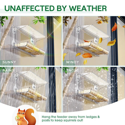 Clear Window Bird Feeder With Strong Suction Cups For Outdoors Watch Birds Up Close From Inside Your Home in four weather conditions