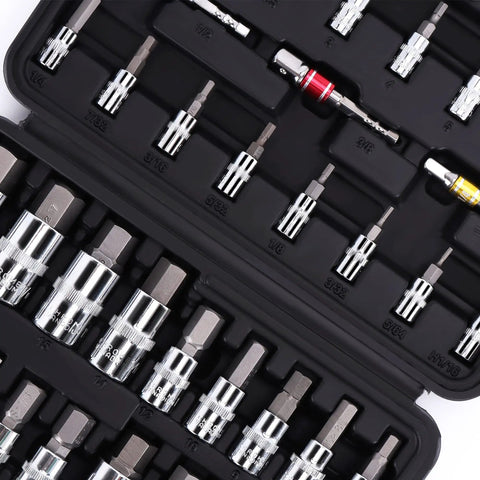 Close-up of 37 Piece Metric and SAE Socket Set for Automotive, Bike, Motorcycle and ATV Repairs with S2 steel high torque CR V Torx Bits