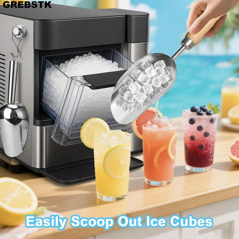 Hand holding stainless steel scoop serving ice cubes from ice maker near fruit drinks