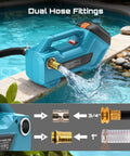 Go Anywhere Cordless Water And Diesel Transfer Pump in use by pool with dual hose fittings shown