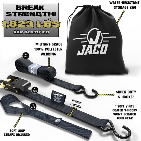 Beefy Heavy Duty Ratchet Tie Down Straps 1 Inch By 15 Feet Pack Of 4 With 1823 Lbs Break Strength Black for trucks, trailers, racks