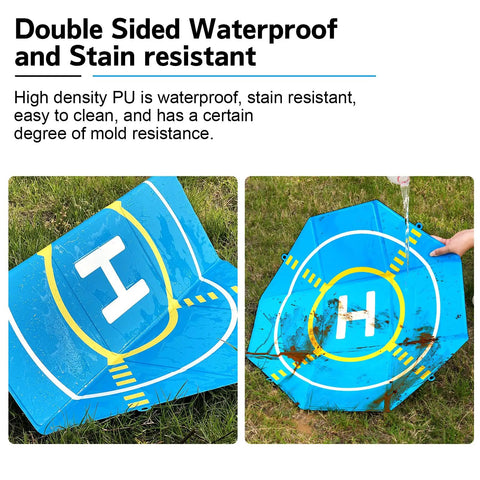 On The Go Foldable Night Vision Drone Landing Pad 20 Inch Double Sided Waterproof Helipad in blue on grass showing water resistance
