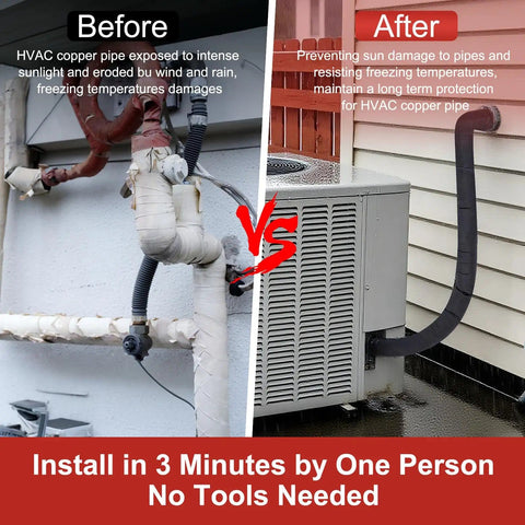 Before and after using Upgraded Three Layer HVAC Copper Pipe Insulation Cover for outdoor AC lines wrap 72 x 10.2 inches protective sleeve.