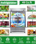Heavy Duty Fifty Four Inch Commercial Reach In Upright Refrigerator Double Door Stainless Steel Commercial Fridge With Forty Nine Cubic Feet Fresh Stash displaying various food items.