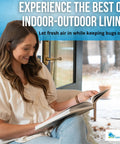 Woman reading next to Magnetic Screen Door For French And Sliding Doors, Heavy-Duty Hands-Free Fiberglass Mesh with black trim.