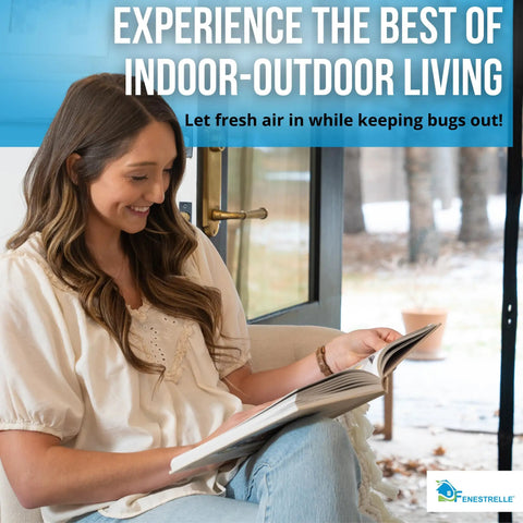 Woman reading next to Magnetic Screen Door For French And Sliding Doors, Heavy-Duty Hands-Free Fiberglass Mesh with black trim.