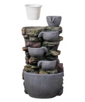 Solar Powered Water Fountain For Outdoors With LED Lights And DIY Planter Pot Waterfall Feature, stone design, uninstalled view.