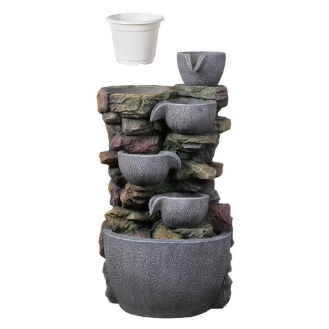 Solar Powered Water Fountain For Outdoors With LED Lights And DIY Planter Pot Waterfall Feature, stone design, uninstalled view.
