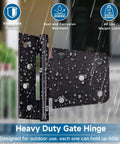 3.5 Inch Heavy Duty Gate Hinges 2 Pack Black Iron Extra Thick T Gate Hinges shown wet in outdoor setting for rust resistance