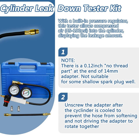 Front view of cylinder leak-down tester kit with dual pressure gauges in blue carrying case