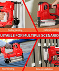 Heavy Duty 20V Cordless Brad Nailer And Stapler Kit Featuring Adjustable Depth Control in use for ceiling, cabinet, roof, and fence binding.